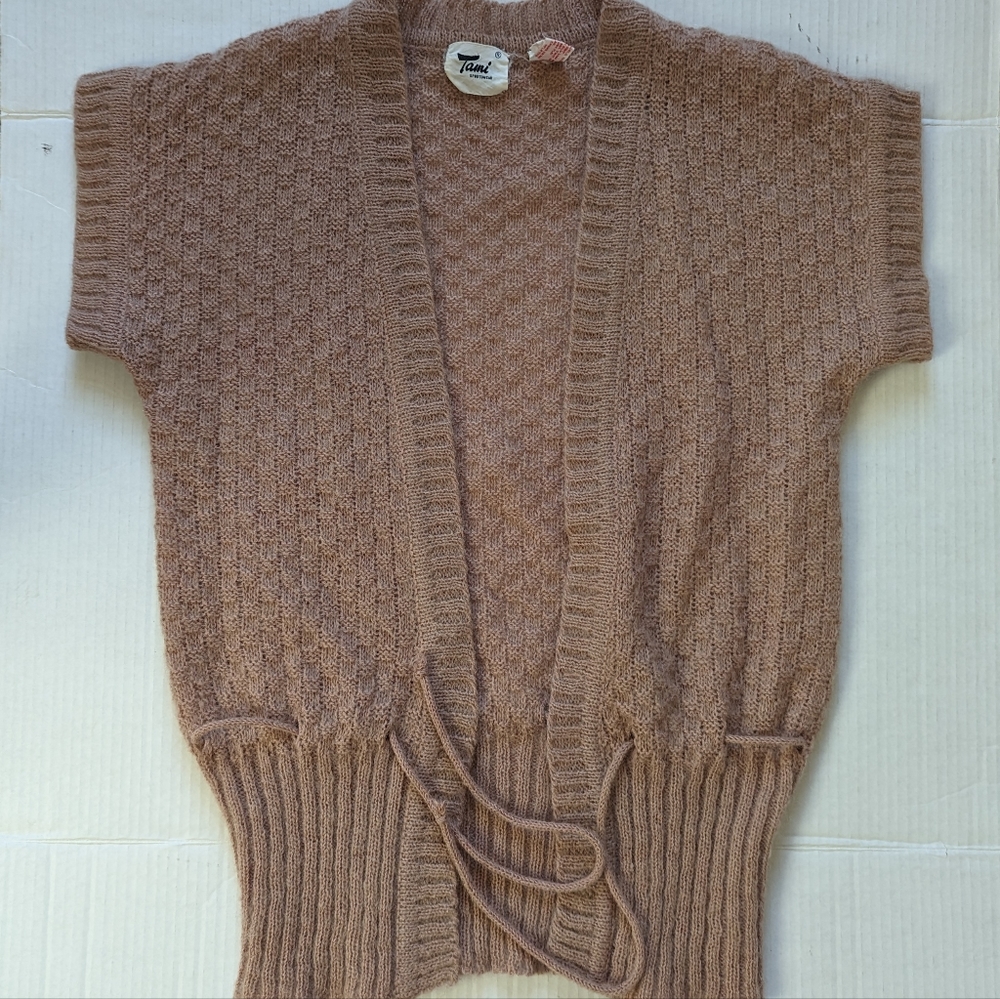 Tami Sleeveless Sweater Womens Sz S Dust Rose Wool Mohair Blend Open Front Tie